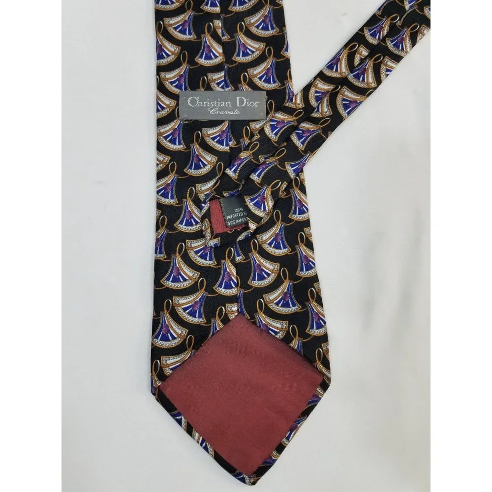 Christian Dior Cravate Mens Necktie Silk Tie Black Blue Abstract Geometric Fan P